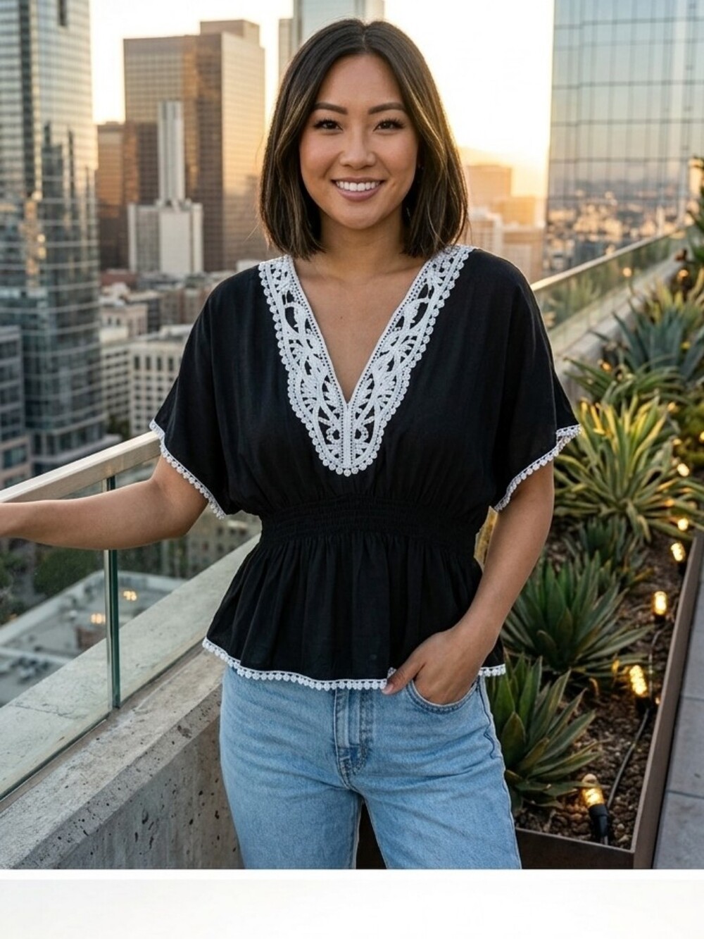 Fun & Flirt Black Top with White Crochet Trim